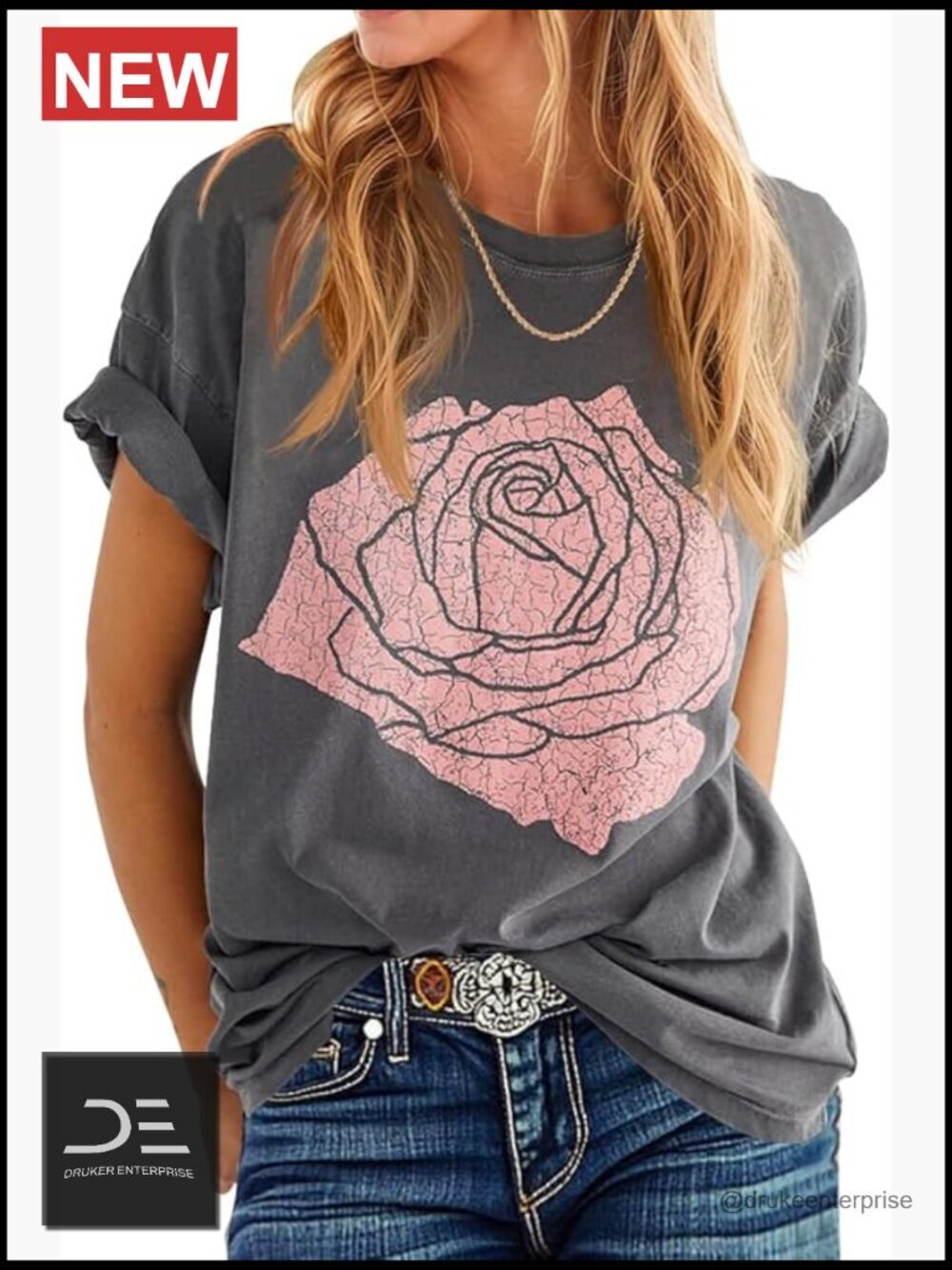 Women's Rose Graphic Tee Shirt Loose Fit Boyfriend Crew Neck Short Sleeve